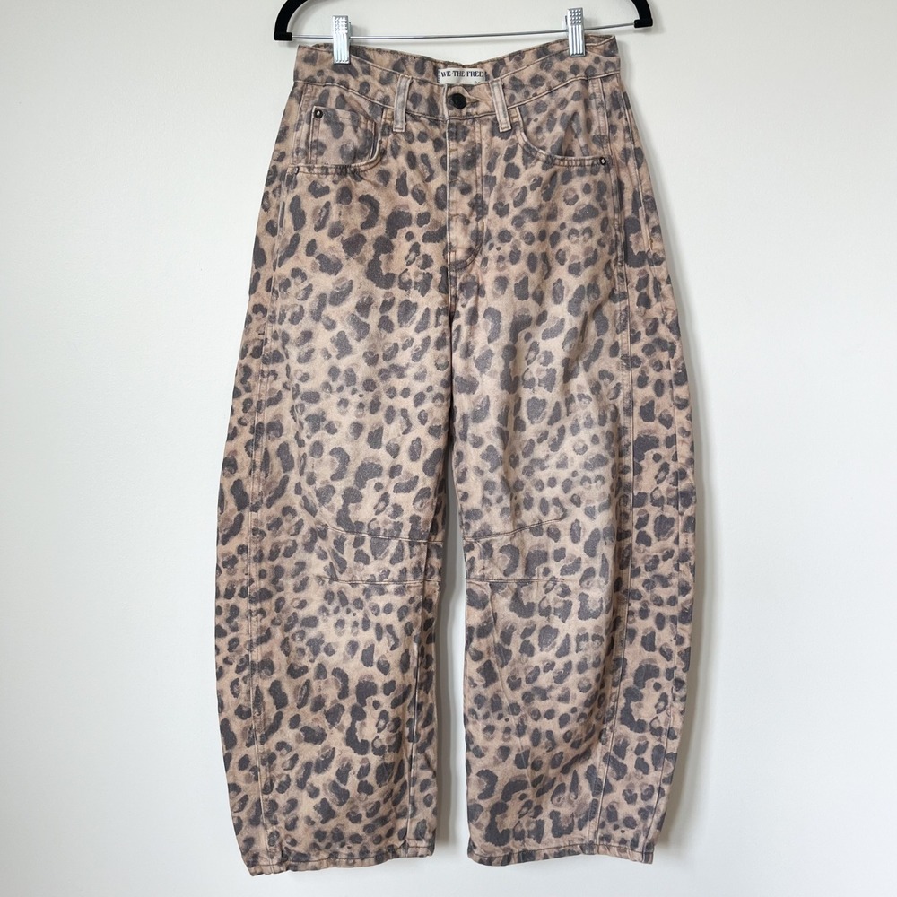 Free People We The Free Good Luck Printed Barrel Jeans Brown Sugar 27 Leopard - Picture 4 of 16